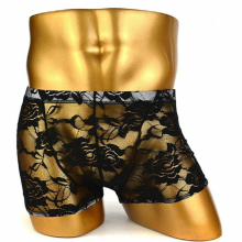 Gay Underwear Lace Boxers Mens See Through Erotic Adult Fun Underwear Pouch Trunk Sissy Shorts