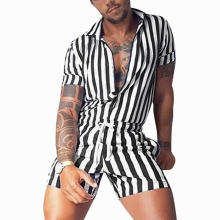 Men?s Casual Short-sleeved Jumpsuit Lapel Stripe Single-breasted Jumpsuits Summer Casual Rompers Overalls