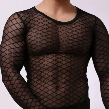 Mens Sexy Mesh Transparent SleepWear Long Sleeve Erotic Grid Fishnet Sheer Thin Stretch Sleep Tops Undershirt