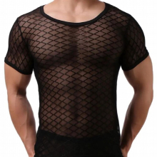 Mens Sexy Grid Singlet Fishnet Transparent Mesh Man Erotic Fitness Undershirt Sleep Tops SleepWear Summer
