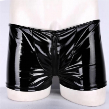 Mens Lingerie Patent Leather Metallic Open Butt Boxer Shorts Zipper Bulge Pouch Boxer Underwear Panties