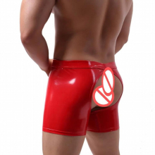 Men Long Boxer Shorts Sexy Big Penis Bag Panties Patent Leather Buttons Erotic Hollow Gay Underwear Long Leg Underpants