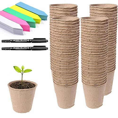 100 Pcs 8 cm Biodegradable Fibre Seed Pots for Seedling with 100 Pcs Plastic Plant Color labels, 2 x 10 cm Plant label pen