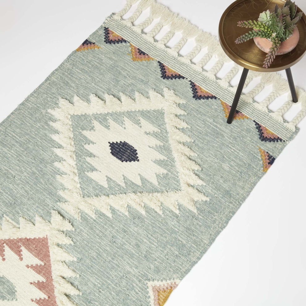 Homescapes Tenali Kilim Wool Rug Blue