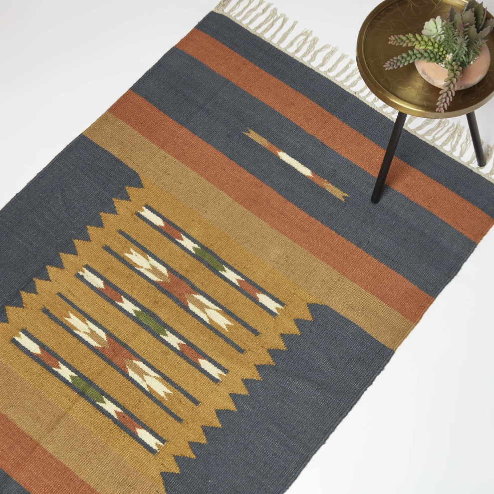 Homescapes Lundi Kilim Cotton & Jute Rug Blue/Orange