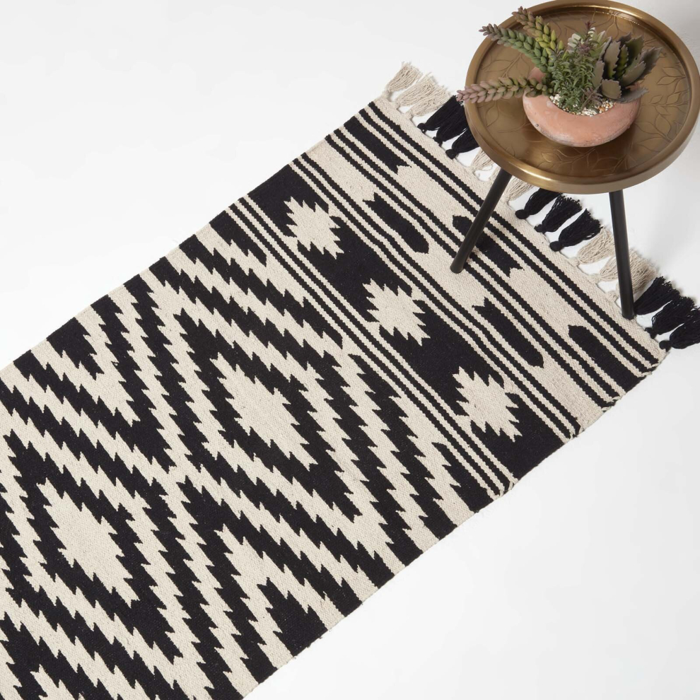 Homescapes Dinan Black & White Kilim Cotton Rug White,Black