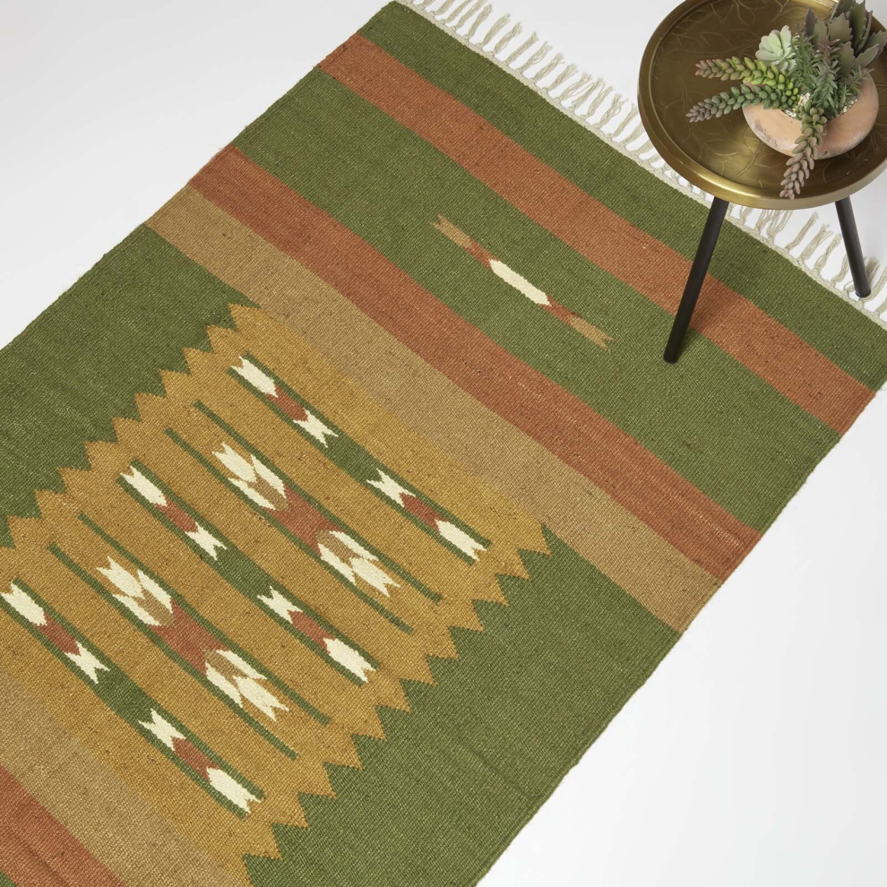 Homescapes Lundi Kilim Cotton & Jute Rug Green/Orange