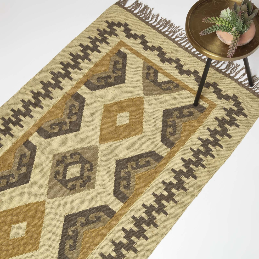 Homescapes Ravar Brown & Gold Kilim Wool Rug Brown,Gold