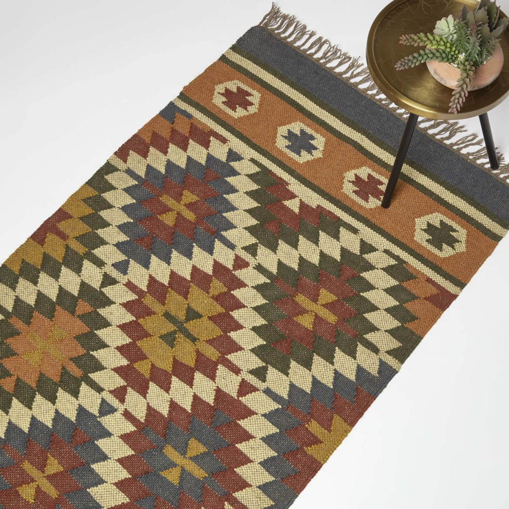 Homescapes Lucea Orange & Blue Kilim Wool Rug Blue,Orange