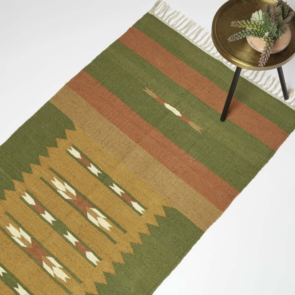 Homescapes Lundi Kilim Cotton & Jute Rug Green/Orange