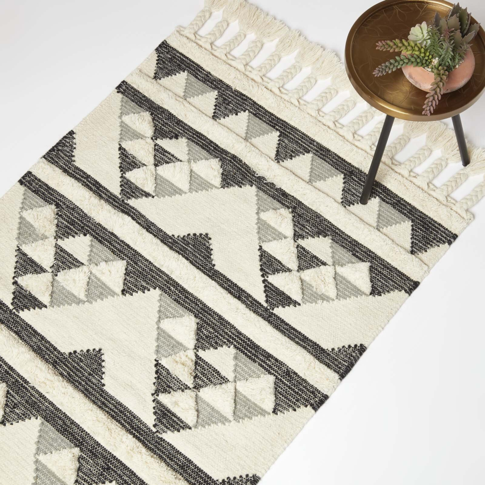 Homescapes Kota Black & Grey Kilim Wool Rug Black,Grey