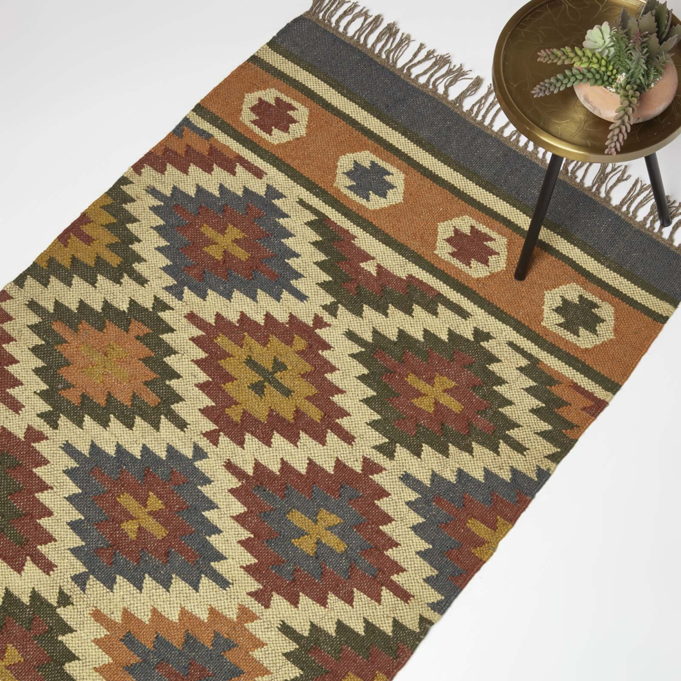 Homescapes Blue,Orange Lucea Orange & Blue Kilim Wool Rug