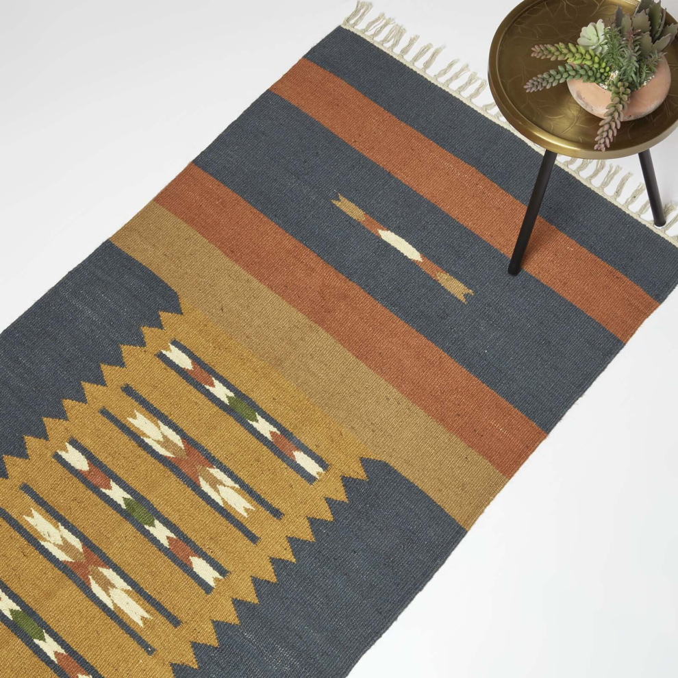 Homescapes Lundi Kilim Cotton & Jute Rug Blue/Orange