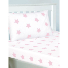 (Single, Pink/White) Pink and White Stars Junior Fitted Sheet and Pillowcase Set