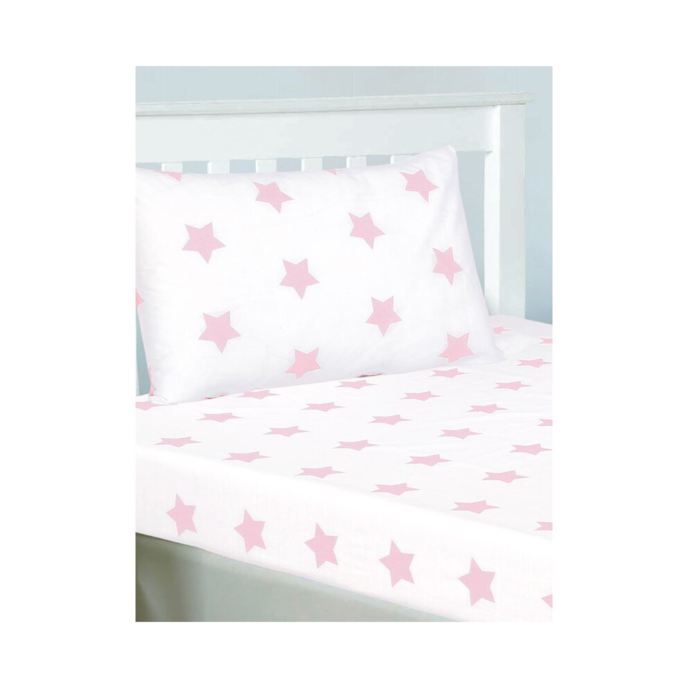 (Single, Pink/White) Pink and White Stars Junior Fitted Sheet and Pillowcase Set