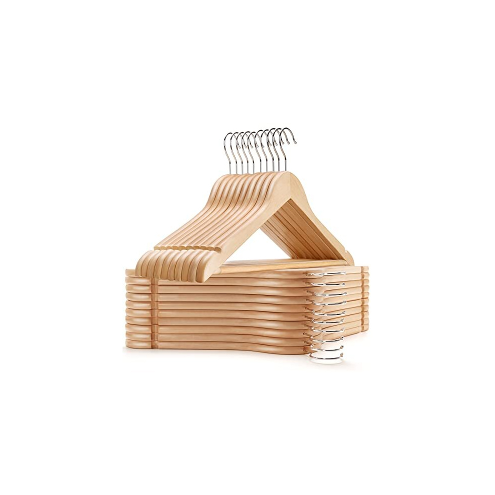 44.5cm Natural Wooden Coat Hangers 20pcs, Space Saving Wood Clothes Hanger with Non Slip Pants Bar and Shoulder Notches, Suit Hangers Racks for Jacket