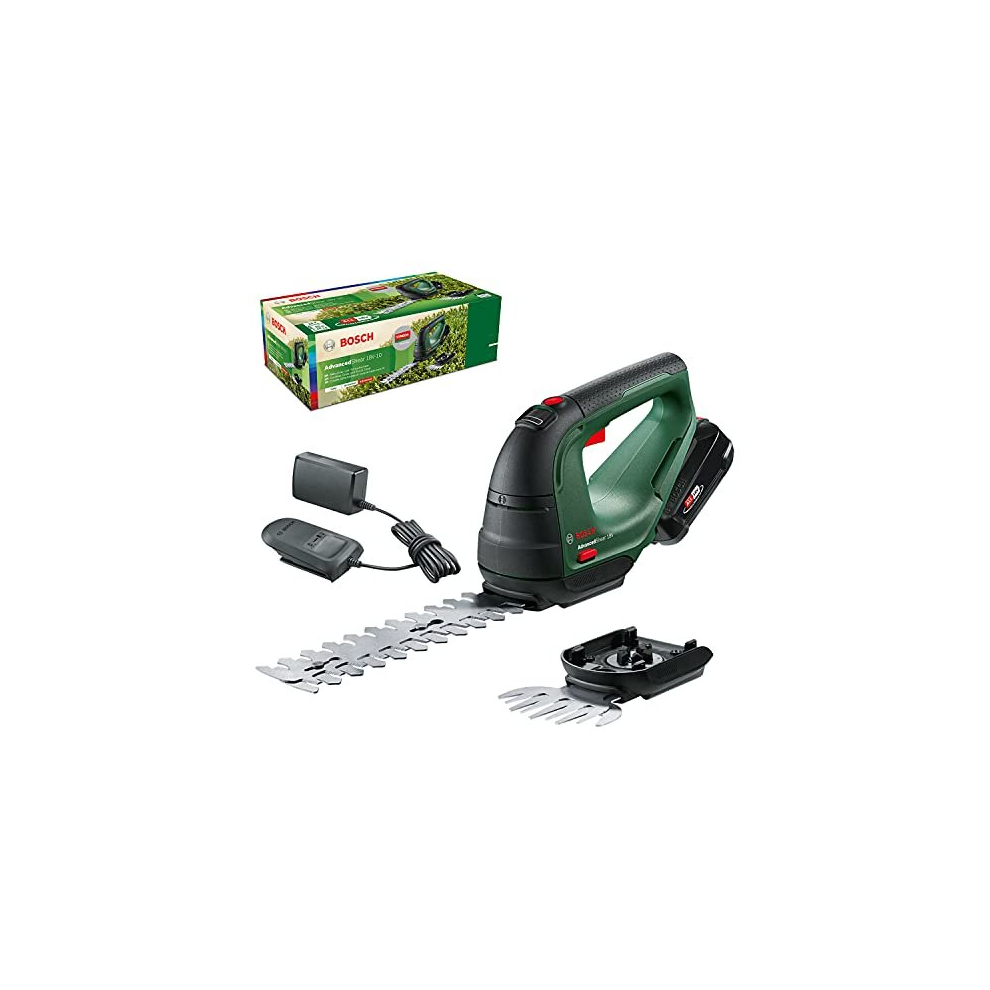 0600857070 Bosch Cordless AdvancedShear 18V-10 (1 2.0 Ah, 18 Volt System, cuts up to 85 m² per Battery Charge, with Shrub and Grass Shear Blades, in