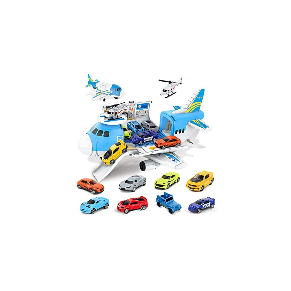 Toy Cars for 3 Year Old Boy, Car Toys Set, Aeroplane Toys, Transport Airplane with 7 Sports Cars, 1 Off-Road Car, 1 Helicopter, Cargo Plane Toy Gifts