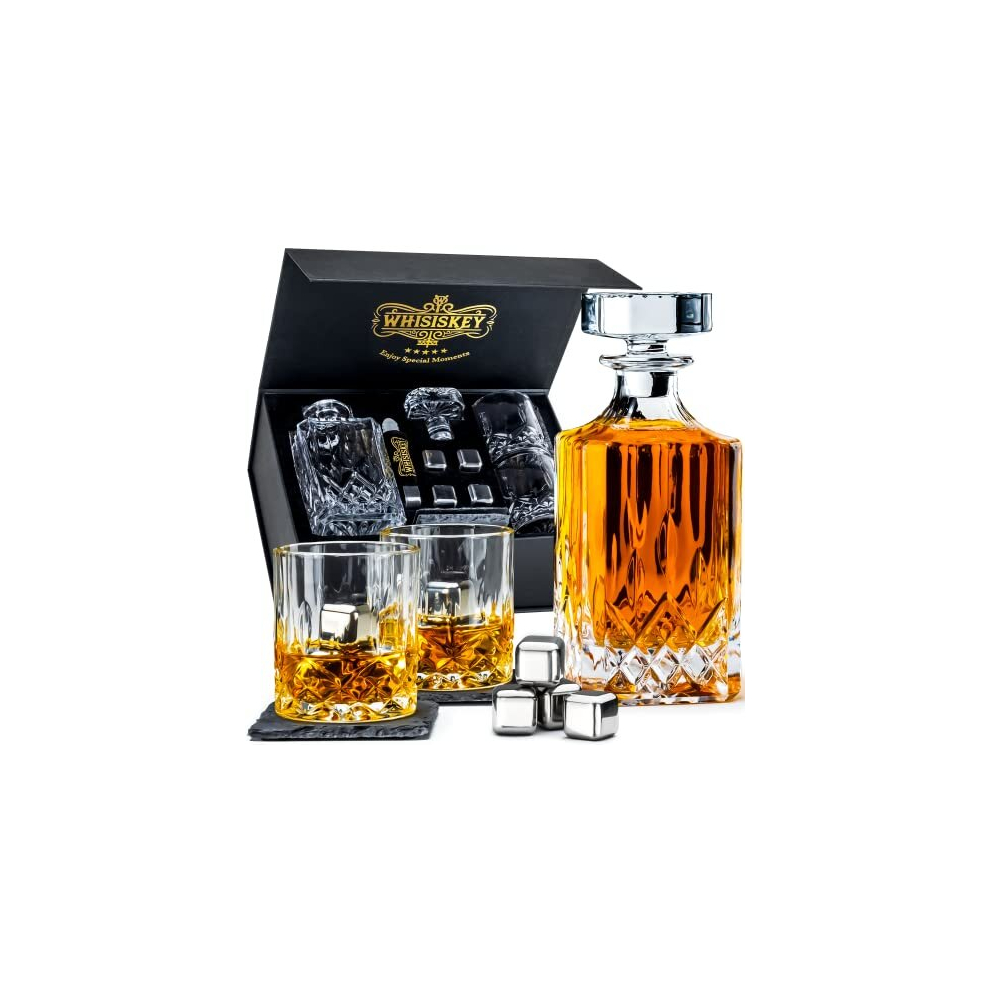 - Whisky Carafe - Twisted Decanter Set - Whiskey Carafe Set - 1000ML - Gifts for Men - Incl. 4 Whisky Stones, Pliers & 2 Whisky Glasses