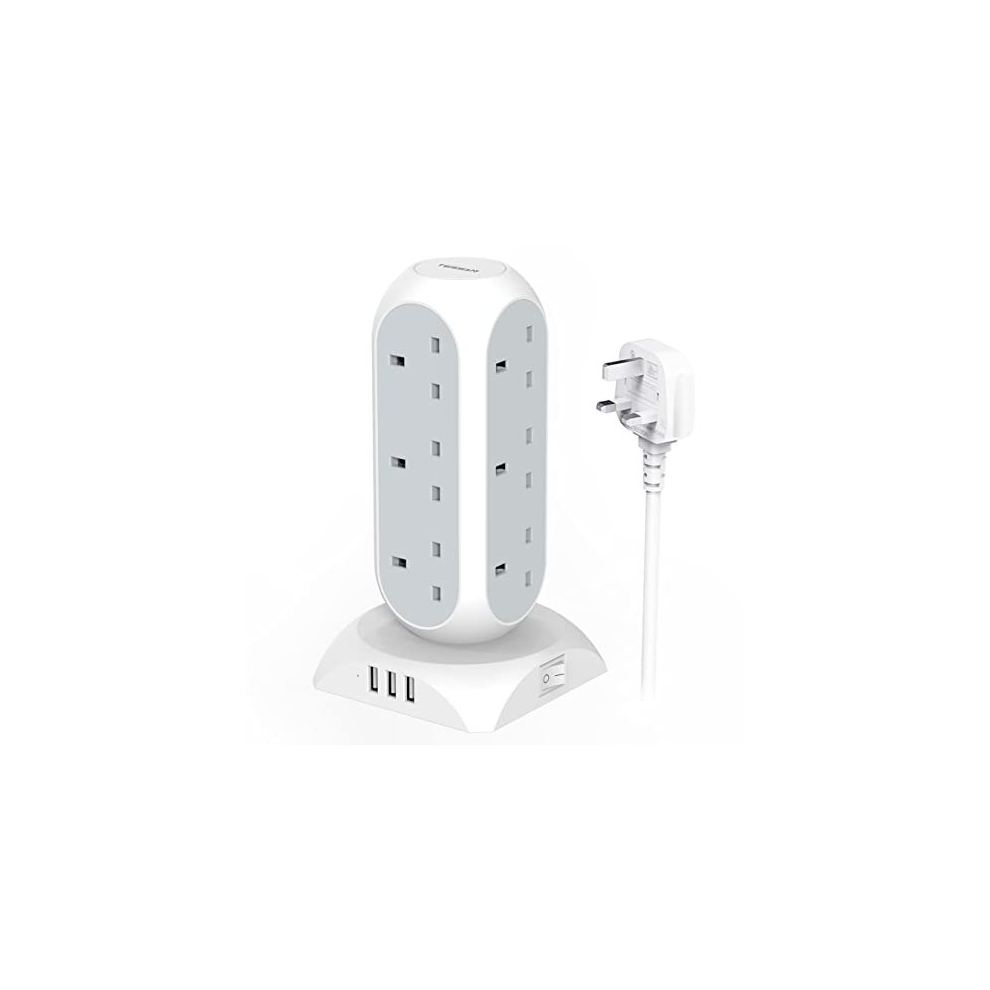 Tower Extension Lead with USB, TESSAN 12 Way Multi Plug Socket 3 USB Ports with 2M Cable, Vertical Extension Cords with Widely Spaced Outlets for Home