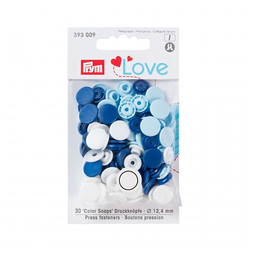 Prym Love Round Snaps Press Fasteners  Blue White Light Blue - per pack of 30