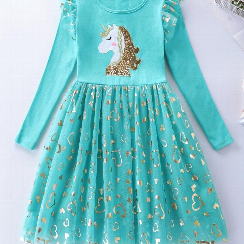 Girls Princess Dress Unicorn Sequin Long Sleeve Fall Dress Kids Birthday Party Wedding Tulle Dress-image-OPC-PCR6BFT-NEW