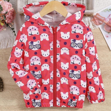 Little Girls Cartoon Kitten Allover Print Hooded Zip Up Windbreaker Jacket