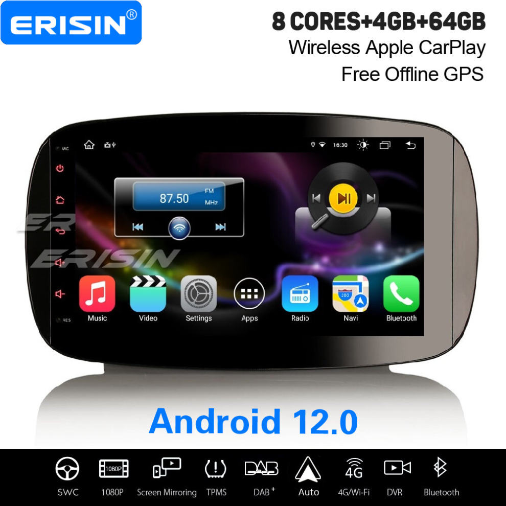 9" 8-Core 4Gb+64Gb Android 12 Car Stereo Mercedes-Benz Smart Dab+ Radio Satnav Carplay Wifi Bluetooth 5.0 Obd2 Dvb-T 737655236781