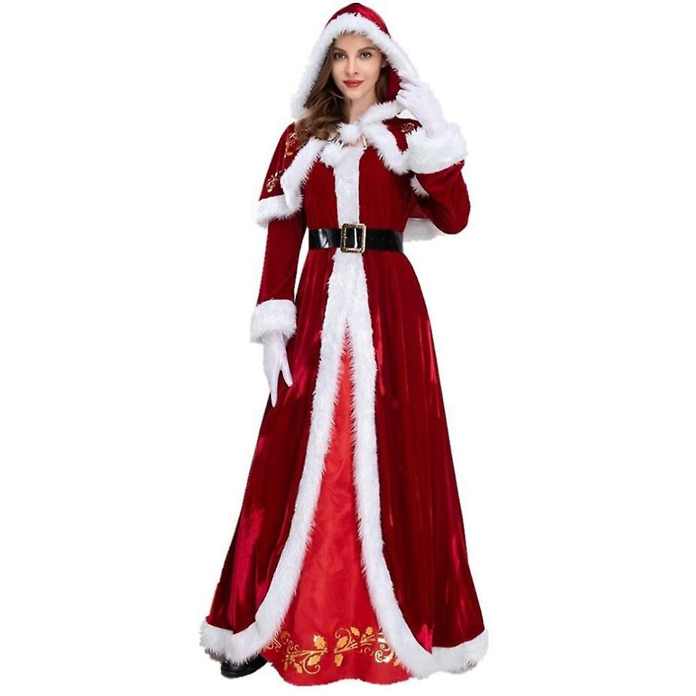 (2XL, Red Women) Plus Size Deluxe Velvet Adults Christmas Costume Cosplay Couple Santa Claus Clothes Fancy Dress Xmas Uniform Suit For Men