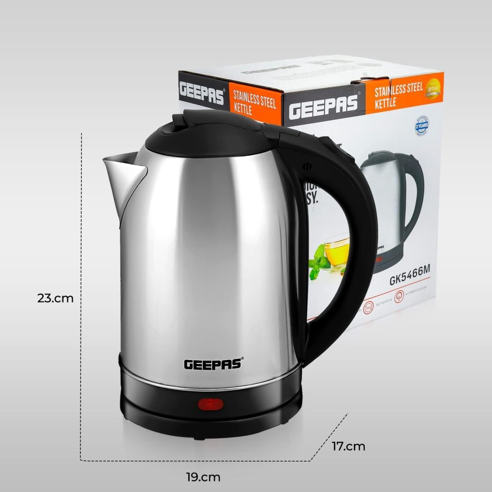 Geepas Electric Kettle 1500W  Stainless Steel Cordless Kettle Boil Dry Protection  Auto Shut Jug Kettle Hot Water Coffee Swivel Base Light Indicator