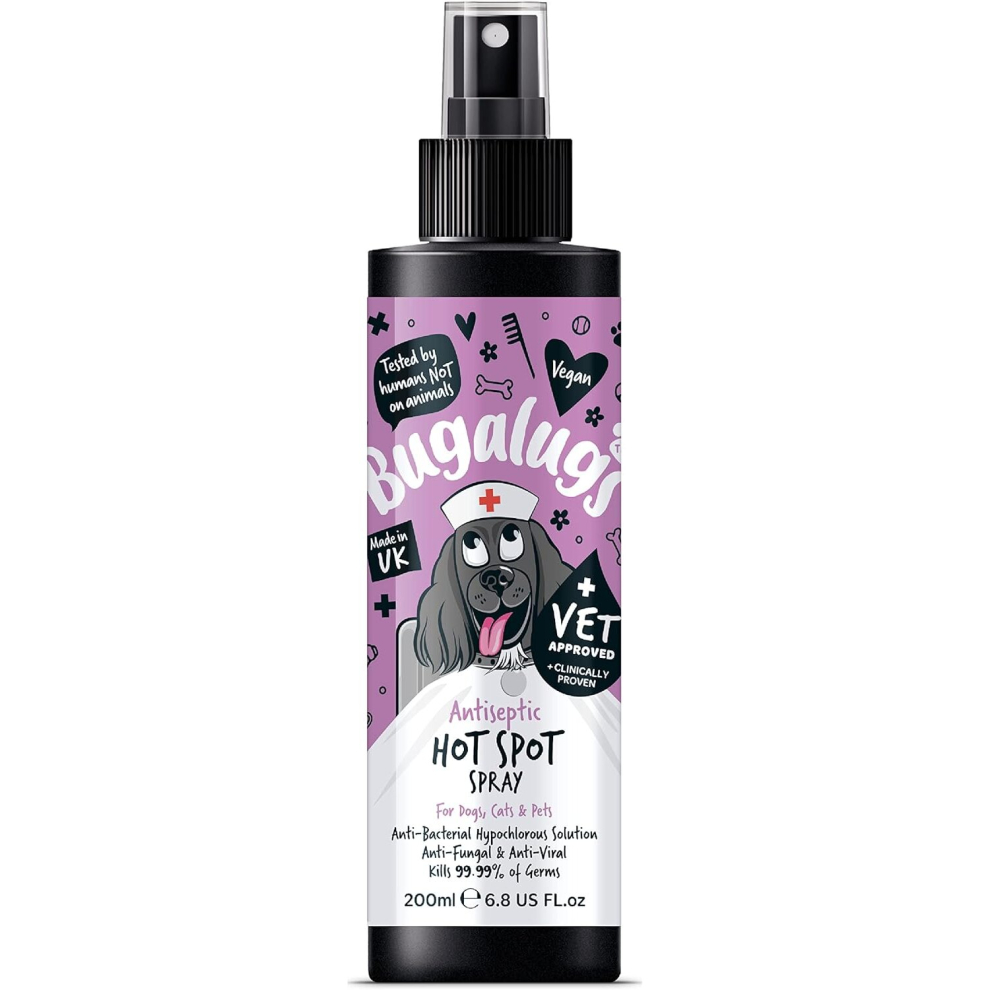 BUGALUGS Dog Antiseptic spray 200ml Hot Spot Treatment for dogs- Antibacterial, Antiviral, Antifungal spray for itchy dog skin relief