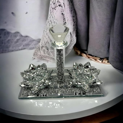 Elegant Silver Crushed Diamond Lotus Tealight Holder 1