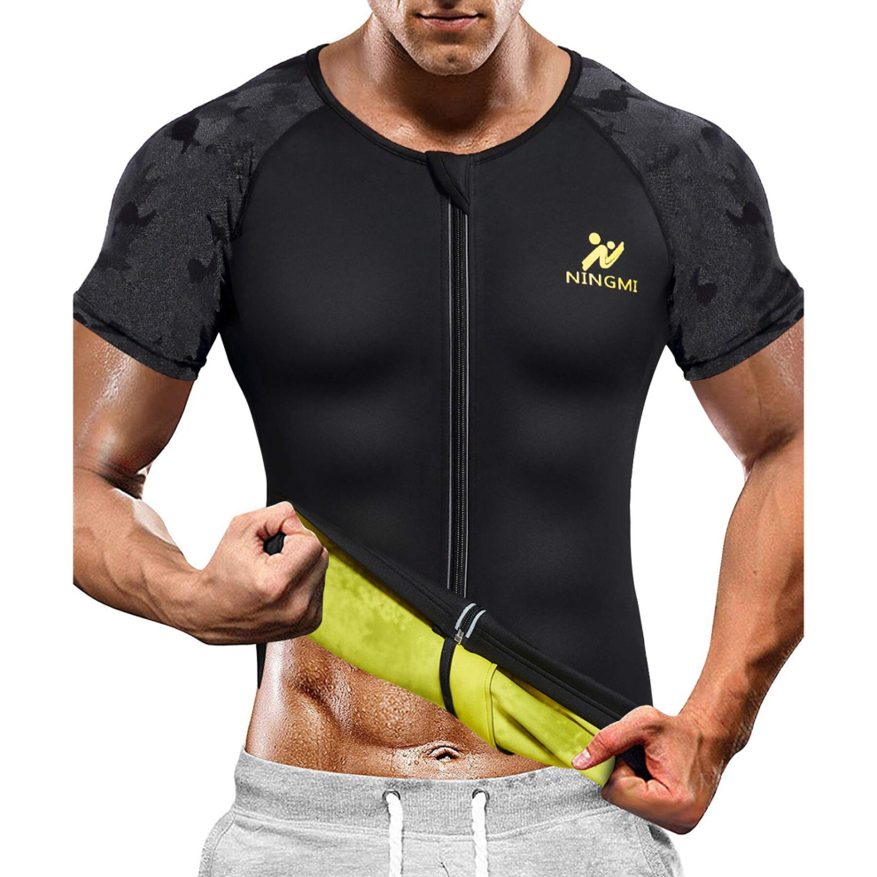 NINgMI Sauna Suit for Men Hot Sweat Suit Sauna Shirt Sweat Body Shaper Workout Neoprene Suit Zipper Short Sleeve