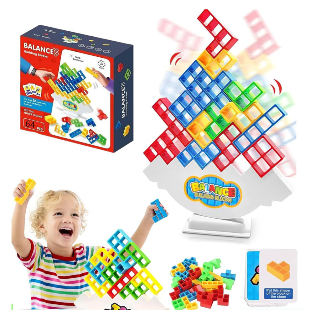 64Pcs Tetra Tower Stacking Blocks Balance Game - Board Games Kids Toys