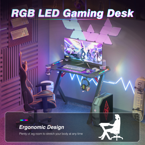 (S(1m long)) RGB Gaming Desk Ergonomic Computer Table Black 2