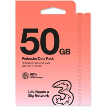 (50Gb) Three Preloaded PAYG Voice SIM Pack