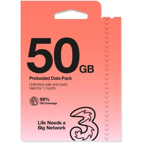 (50Gb) Three Preloaded PAYG Voice SIM Pack