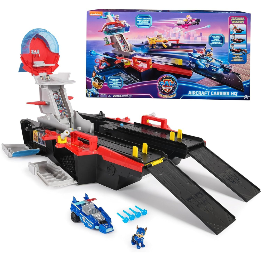 Paw Patrol: The Mighty Movie Aircraft Carrier HQ, with Chase Action Figure and Mighty Pups Cruiser