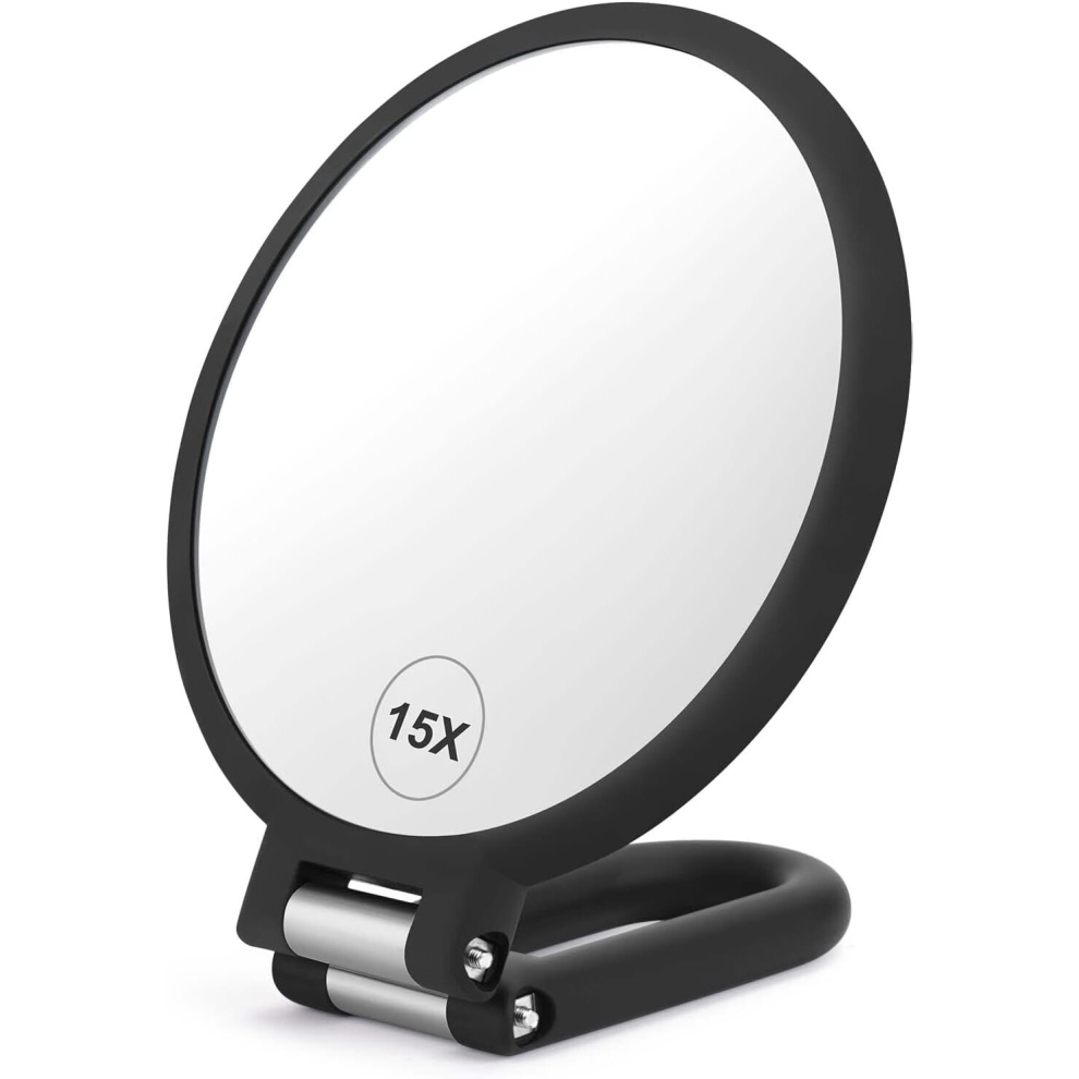 CLSEVXY Magnifying Handheld Mirror Double Sided 1X 15X Magnification Mirror Travel Folding Hand Held Mirror 360 Rotation Pedestal Makeup Mirror