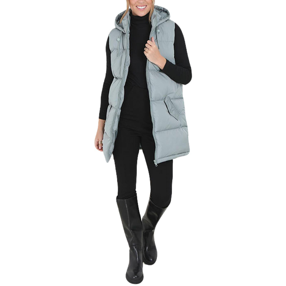 (UK 12, Light Sage) Brave Soul Womens Padded Long Gilet Hooded Jacket