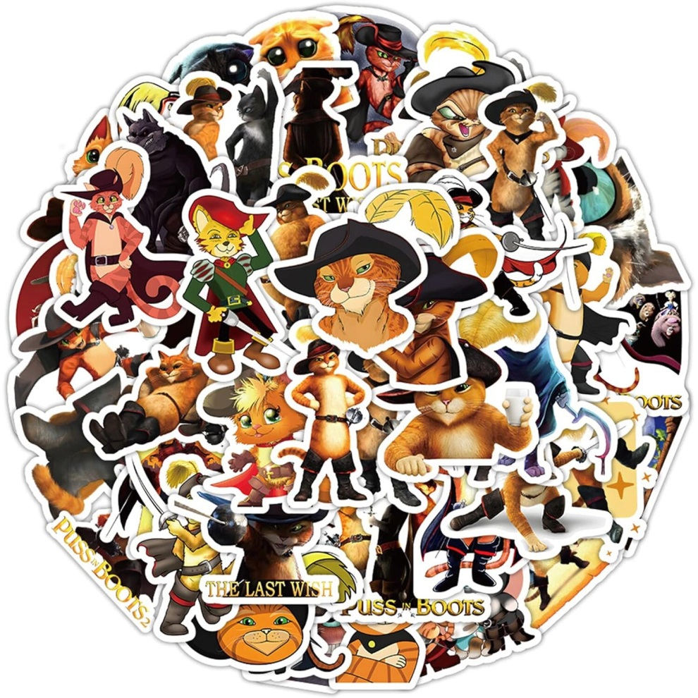 Puss in Boots Stickers 50PCs Aesthetic Movie Stickers, Vinyl Waterproof Decals for Laptop, Water Bottle for Kids,Teens,Girls,Cute Cool Car