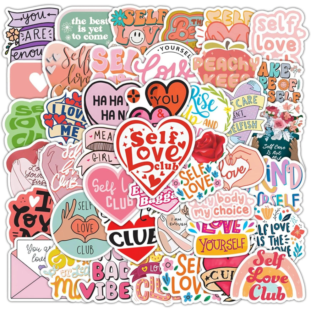 50 Pcs Self Love Club Stickers for Water Bottle Waterproof Vinyl Decals for Kids Laptop Tablet Scrapbook Binders Luggage Skateboard Educational
