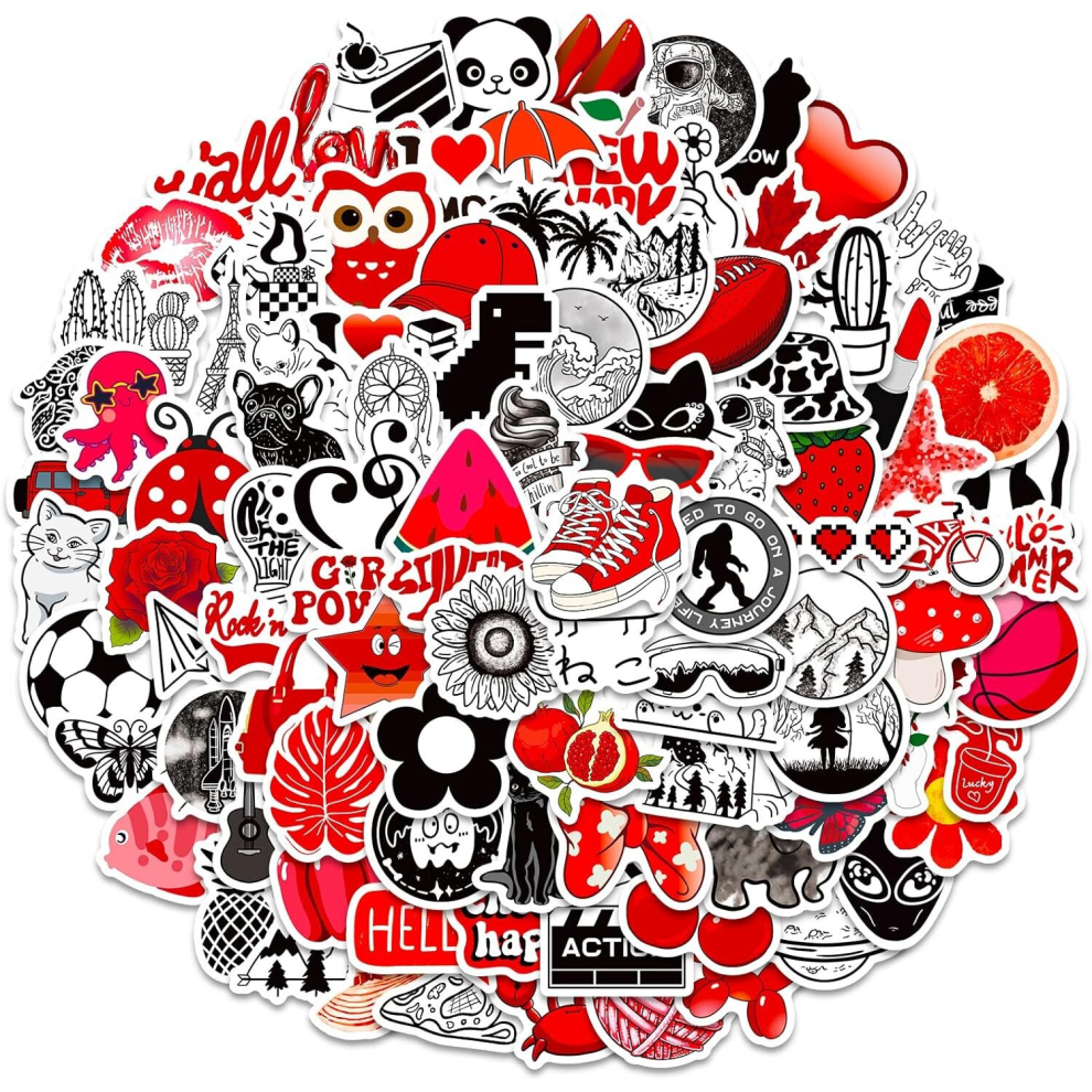 Tianci 100 Pcs Red And Black Ins Aesthetic Stickers,Stickers Pack Waterproof Vinyl For Journaling,Water Bottle,Laptop,Hydroflask,Skateboard For Teens Adult Black,Red