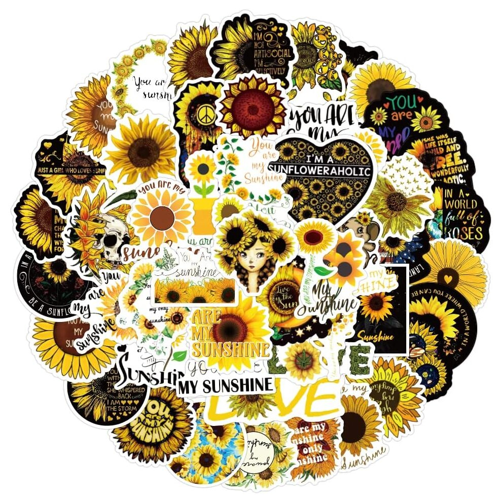Sunflower Aesthetic Stickers, You are My Sunshine Stickers, 50Pcs Vinyl Waterproof for Water Bottle Laptop Scrapbook Phone Guitar, Flower Stickers