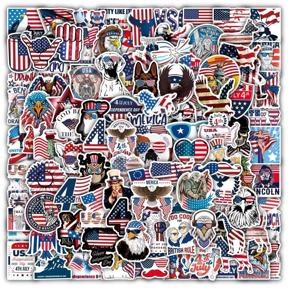 100Pcs Patriotic Stickers, Red White Blue for Independence Day 4th of July American Flag Waterproof Vinyl Laptop for Skateboard,Water Bottles, Cars