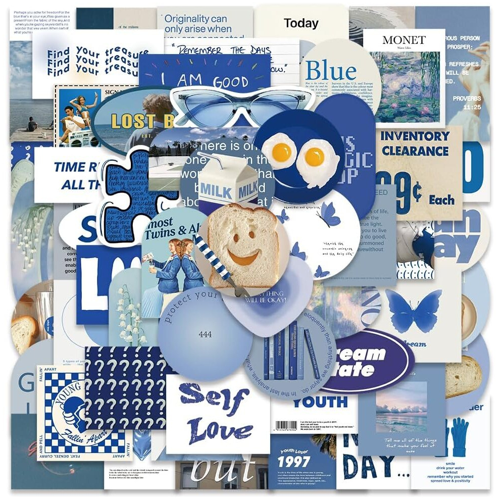 Motivational Aesthetic Blue Stickers Pack, 57Pcs Waterproof Vinyl Stickers for Water Bottle Laptop Scrapbook Skateboard Phone Bumper Decals