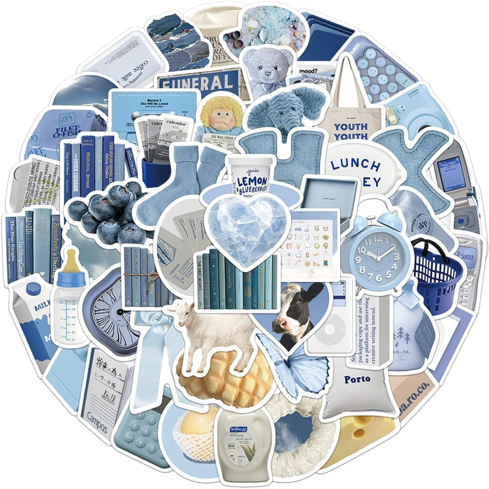 60pcs Blue Aesthetic Stickers Laptops Cute Cartoon INS Trendy Waterproof Vinyl Journal Water Bottle Scrapbook Travel Case Phone Graffiti Decals