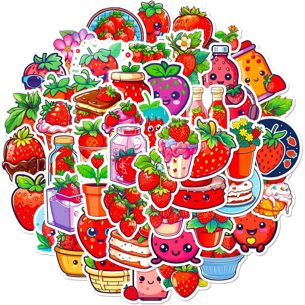 Tianci 50Pcs Strawberry Stickers Fruit Sticker Vinyl Waterproof Party Favors Stickers For Water Bottles Bikes Luggage Computer Skateboard Car Motorcycle