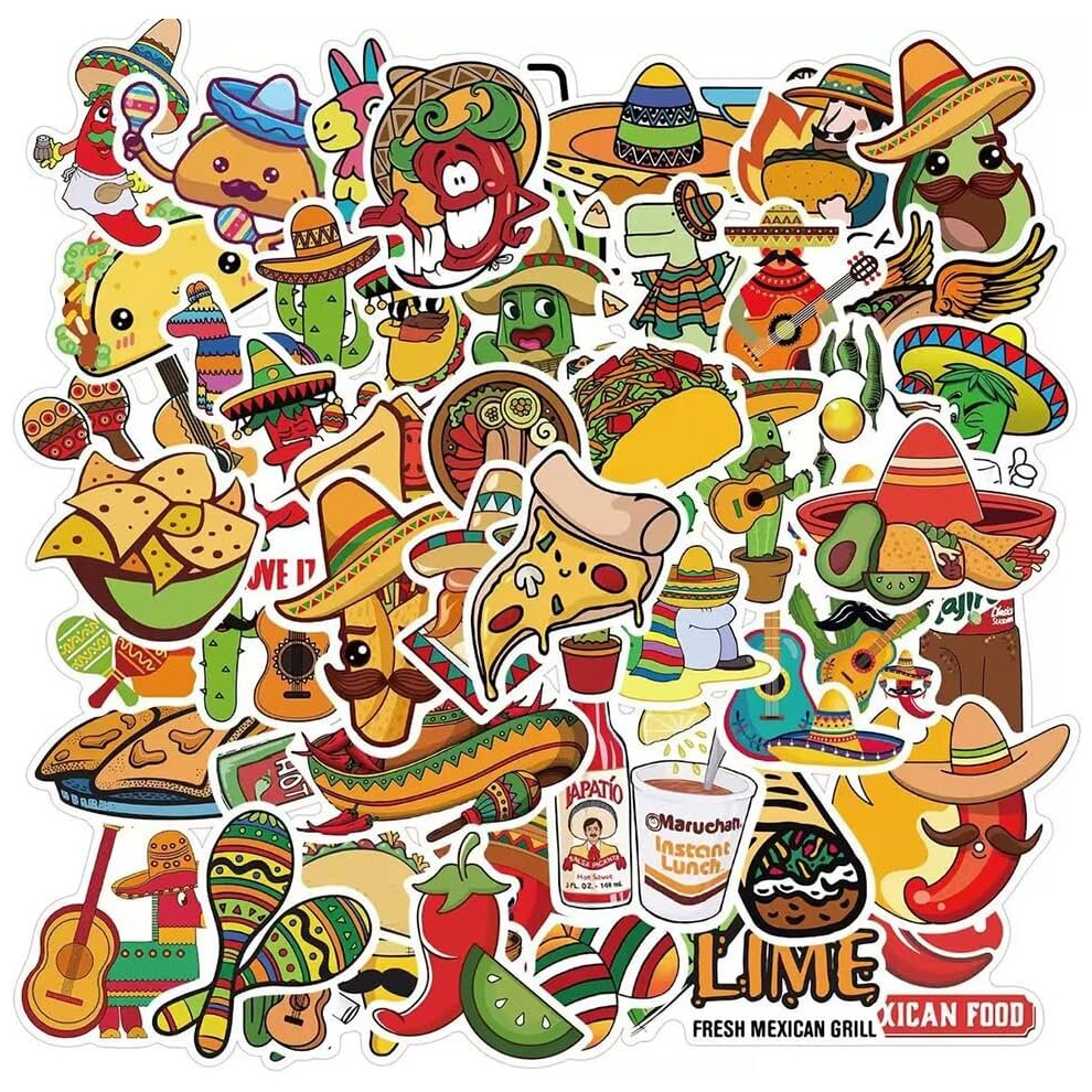 Mexican Food Stickers 50 Pcs Waterproof Vinyl Decals for Water Bottles Laptop Refrigerator Luggage Computer Mobile Phone Skateboard Bike Dcor