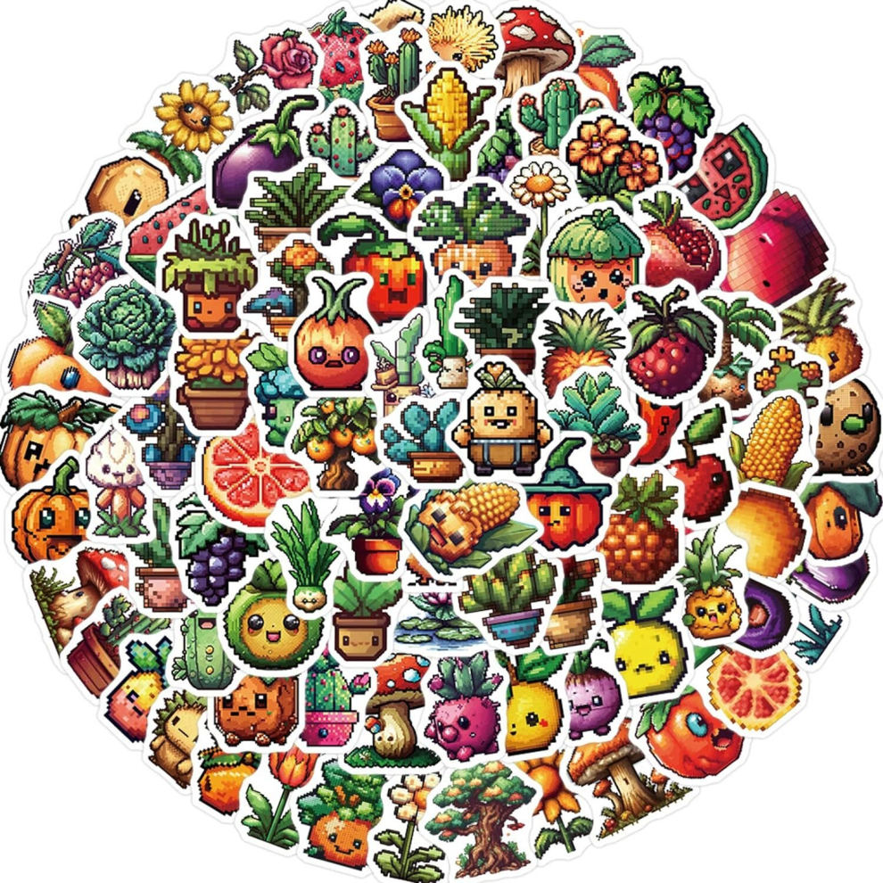 Tianci 100Pcs Pixel Fruits Vegetables Stickers, Cute Funny Cartoon Art Waterproof Vinyl Water Bottles Laptop Phone Skateboard Bike Luggage Guitar Bumper
